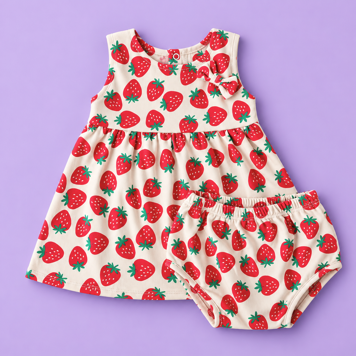 Bow Cotton frock with bloomers - Red strawberry