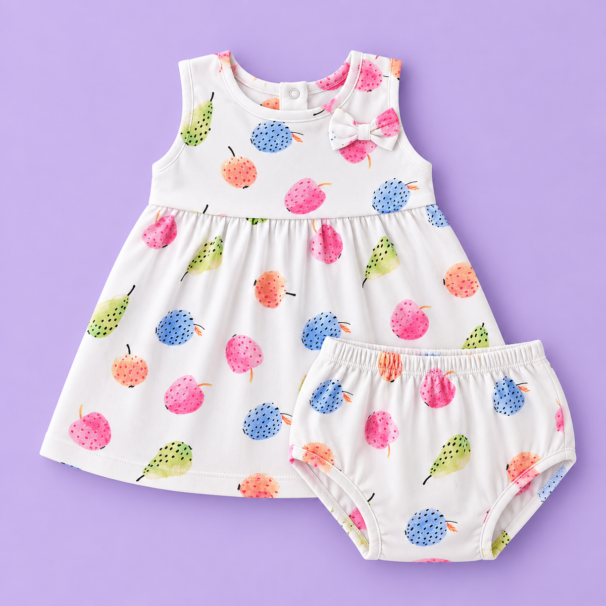 Bow Cotton frock with bloomers - fruits