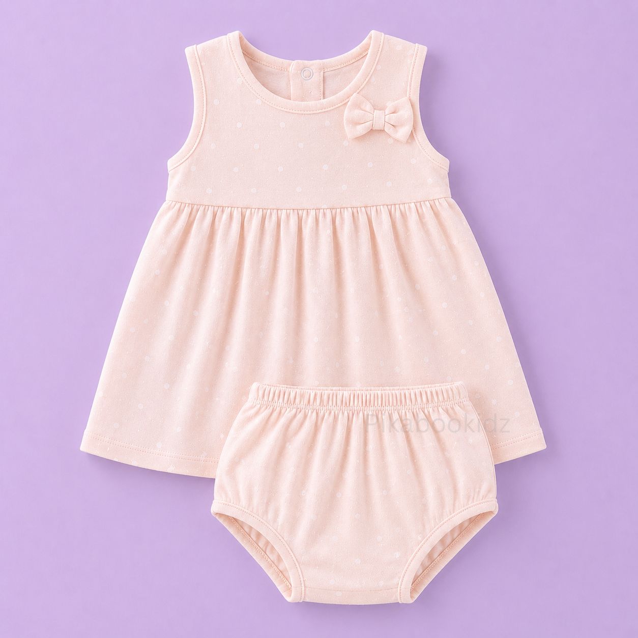 Bow Cotton frock with bloomers - Peach dots