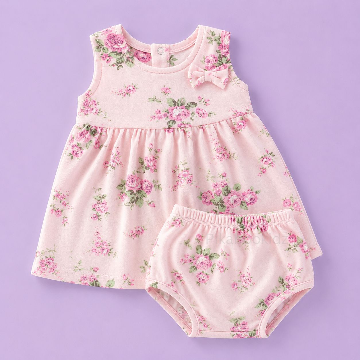 Bow Cotton frock with bloomers - Roses