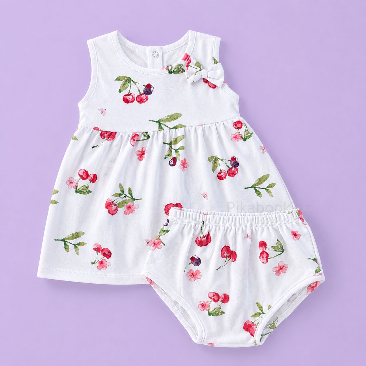 Bow Cotton frock with bloomers - Cherry