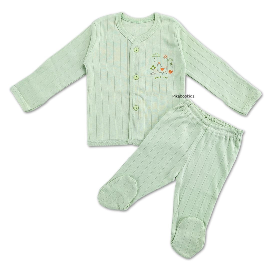Full Sleeve Top with footed pant Night Suit 0-3M - Green