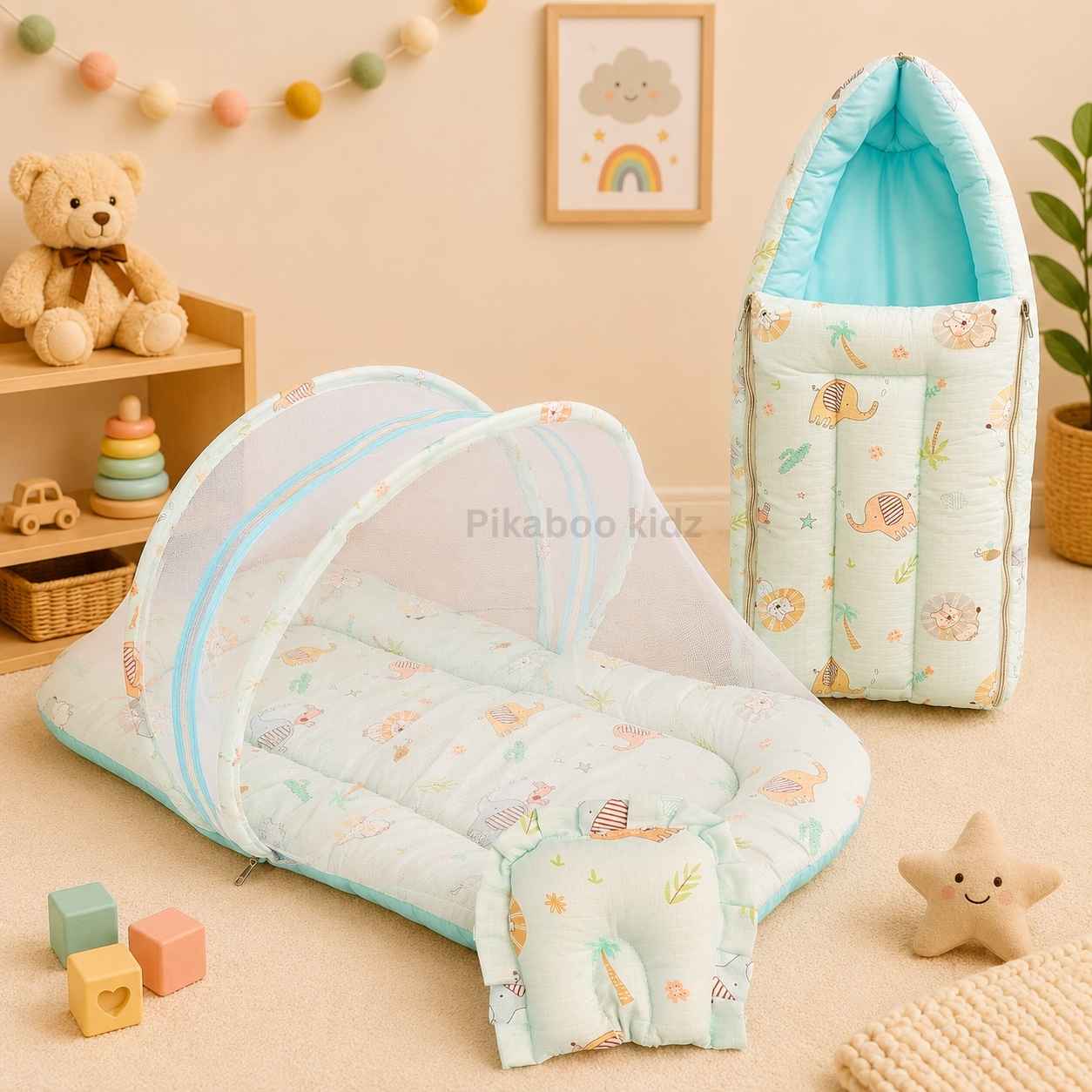 Muslin Carry Nest + Net Bed Combo - Aqua blue