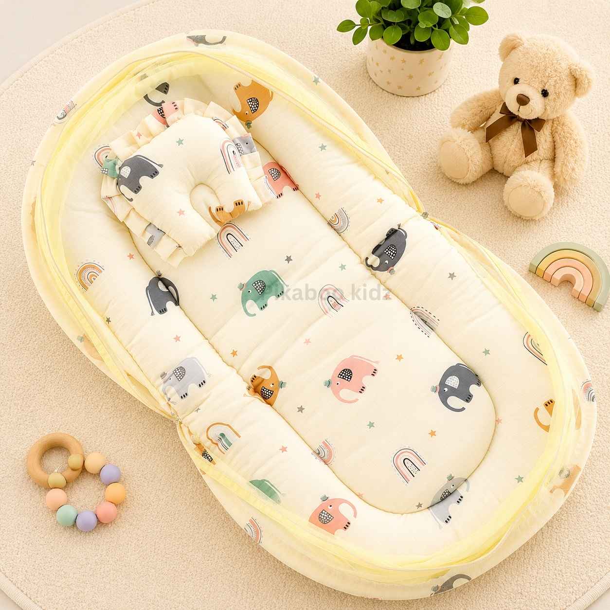 Muslin Carry Nest + Net Bed Combo - Yellow Elephants