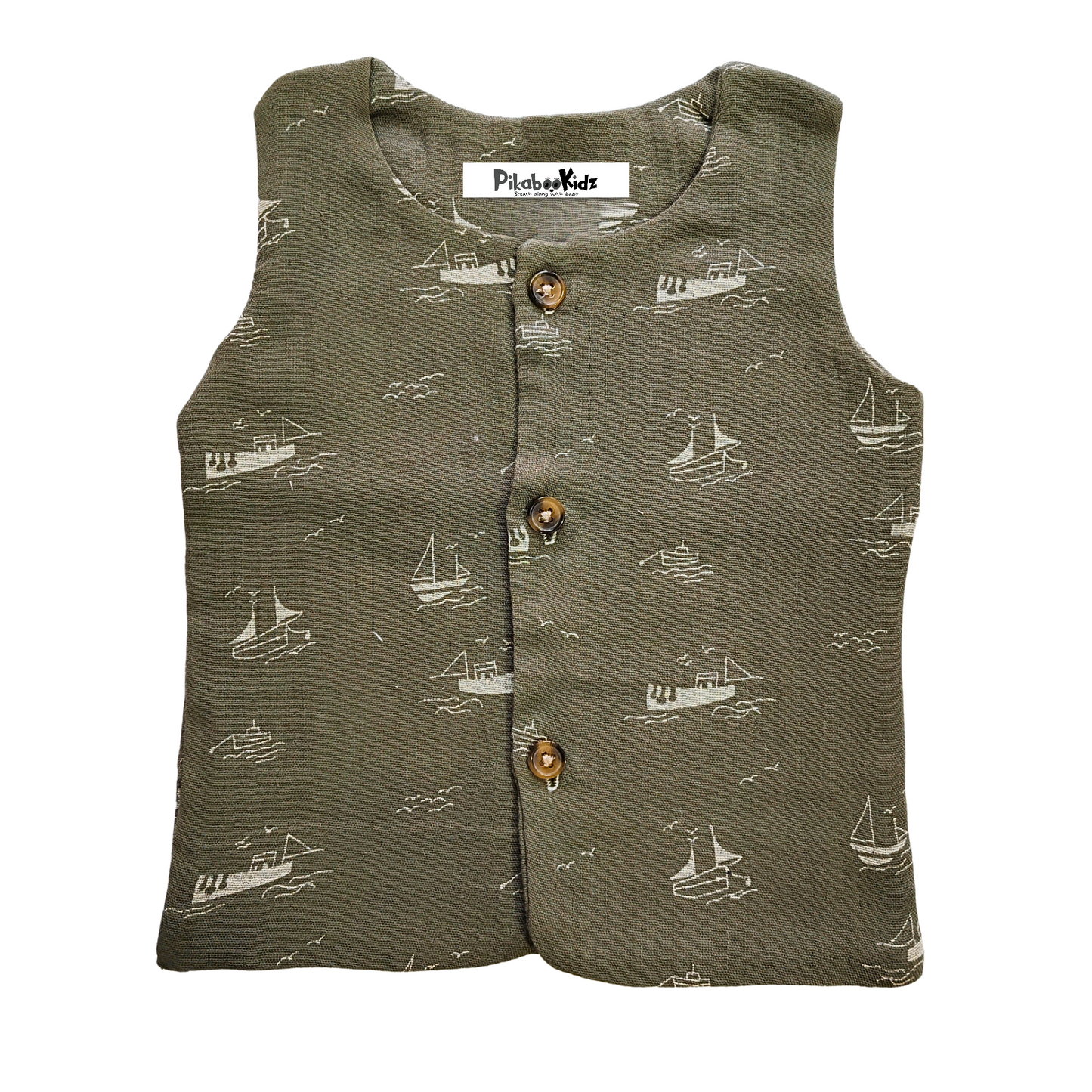 Muslin Double layer Vest 0-3M – Olive Green