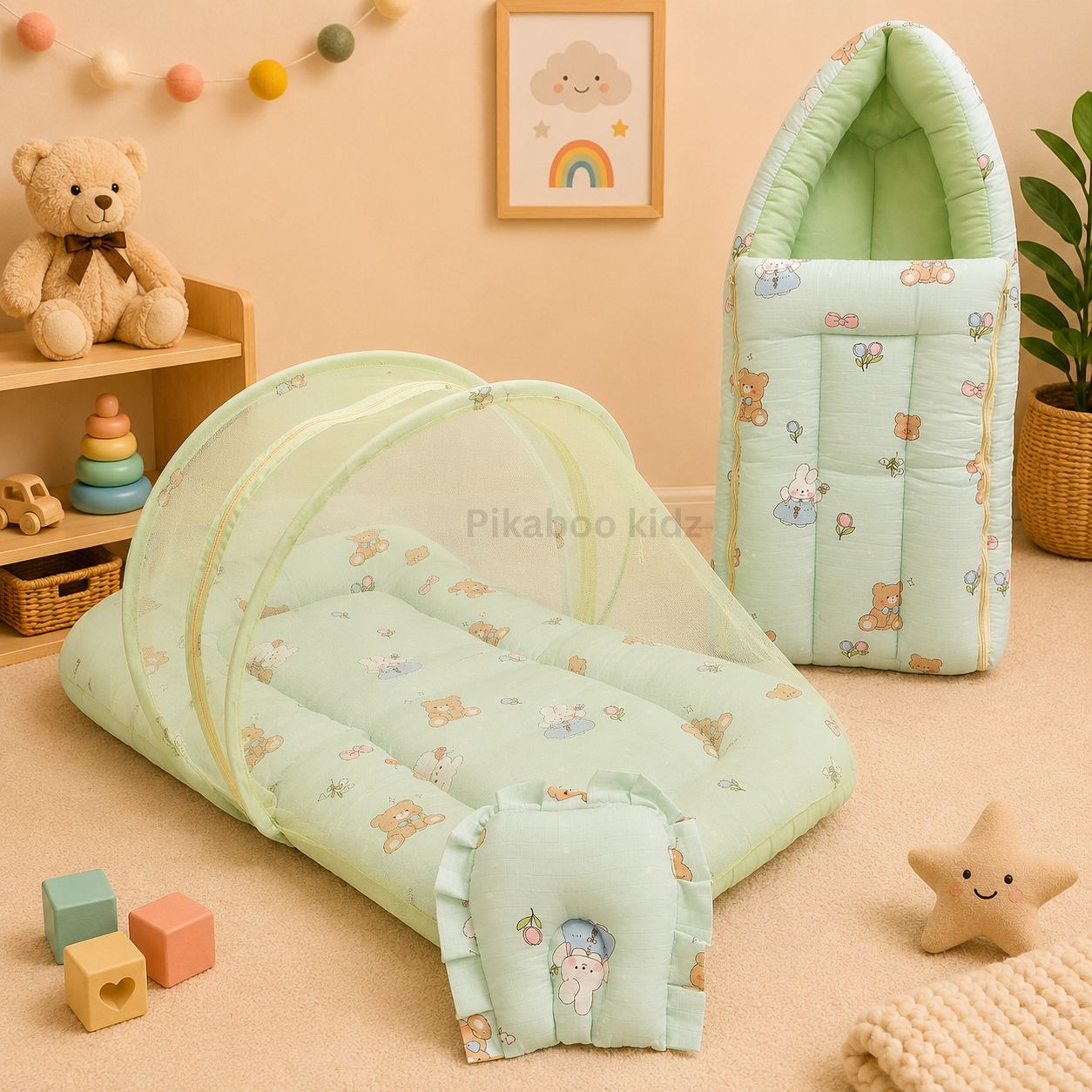 Muslin Carry Nest + Net Bed Combo - Green
