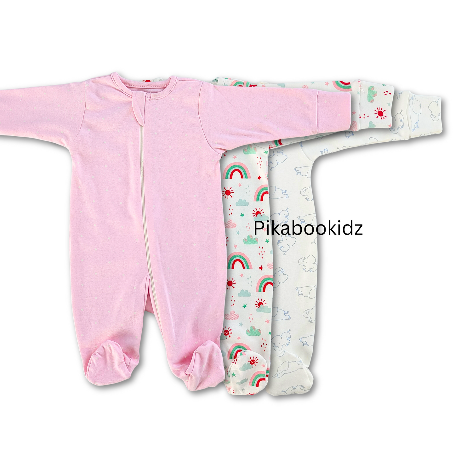 Footed Rompers - 3 Combo (Pink, Rainbow, Elephant)