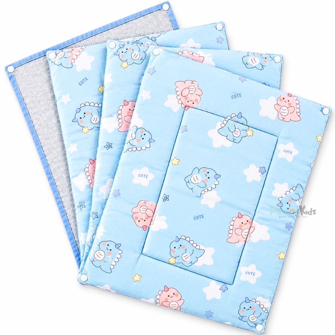 3 in 1 Reusable Muslin Diaper Mat - blue cute dino