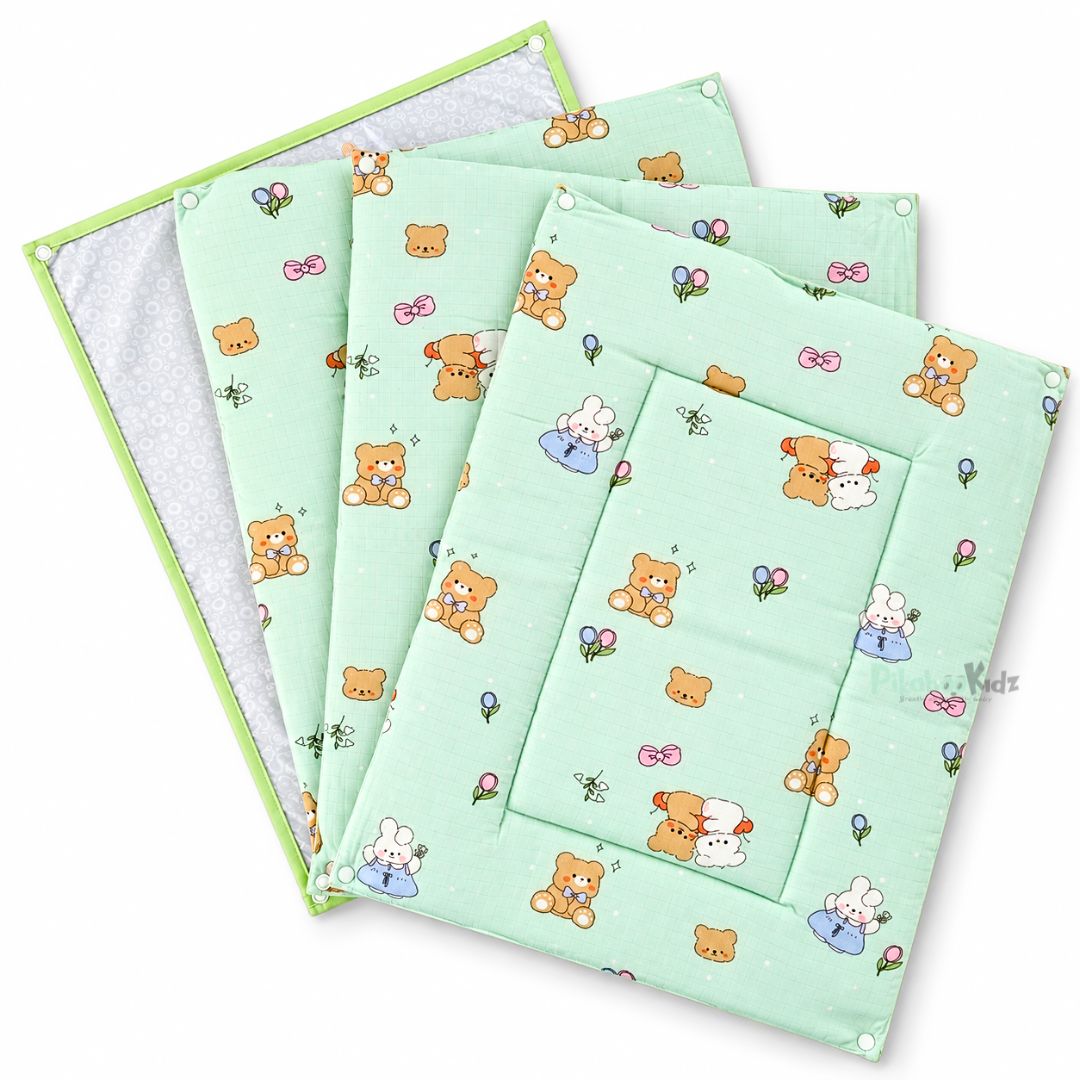 3 in 1 Reusable Muslin Diaper Mat - Green Teddy