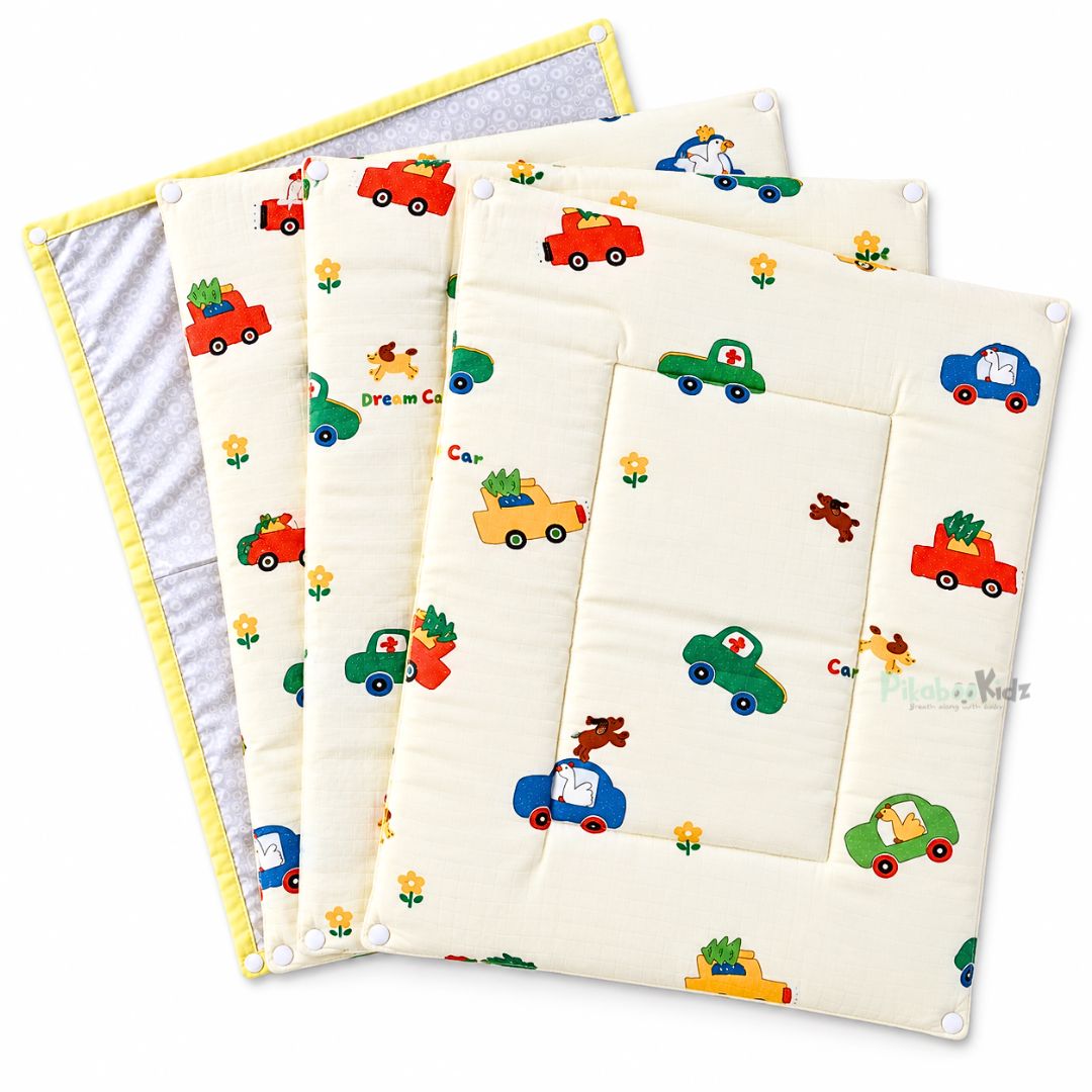 3 in 1 Reusable Muslin Diaper Mat - yellow cars