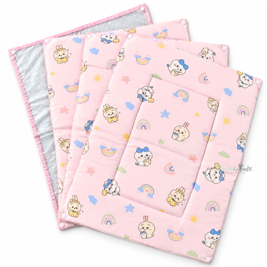 3 in 1 Reusable Muslin Diaper Mat - Pink rainbows