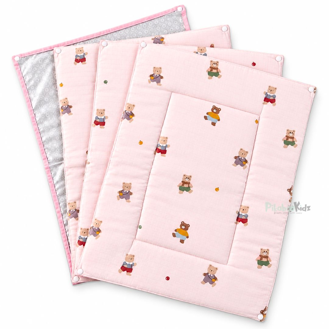 3 in 1 Reusable Muslin Diaper Mat - pink bears