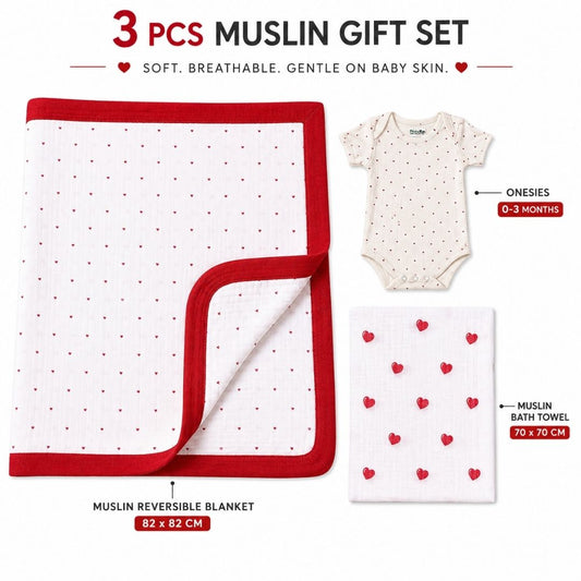 3 PCS Muslin Baby Gift Set | Reversible Blanket, Muslin Bath Towel & Cotton Onesie | Newborn Baby Gift Set