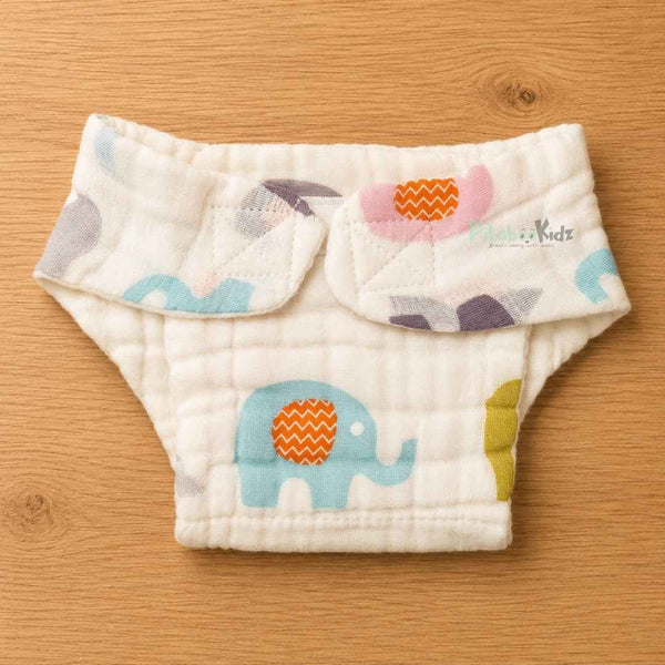Muslin 6layer Velcro Nappy NB to 3M -Elephant
