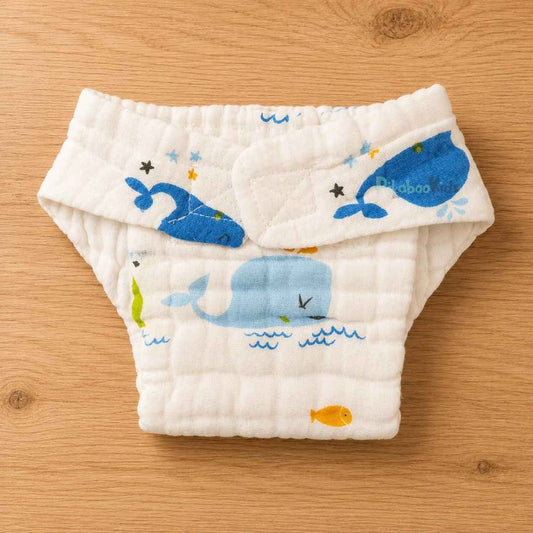 Muslin 6layer Velcro Nappy NB to 3M -Whales