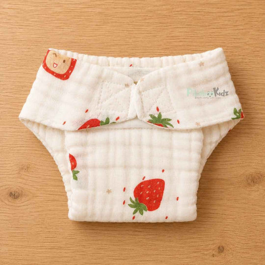 Muslin 6layer Velcro Nappy NB to 3M -Strawberry
