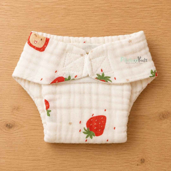 Muslin 6layer Velcro Nappy NB to 3M -Strawberry