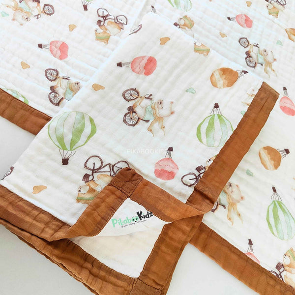 Muslin 6 layer Receiving Blanket - Cycling teddy