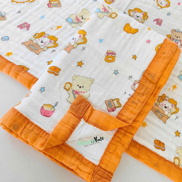 Muslin 6 layer Receiving Blanket - Orange teddy