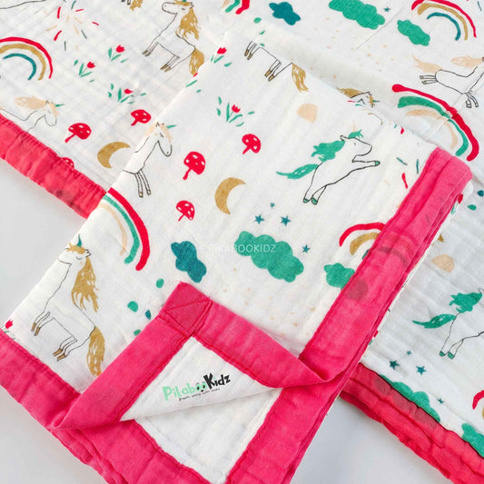 Muslin 6 layer Receiving Blanket - Red unicorn