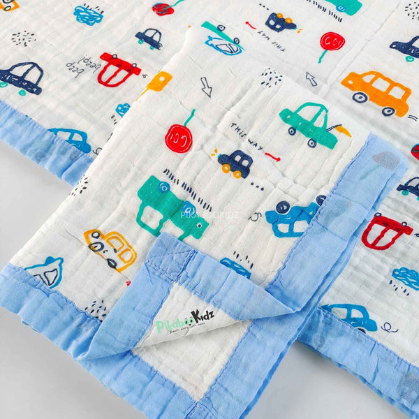 Muslin 6 layer Receiving Blanket - blue car