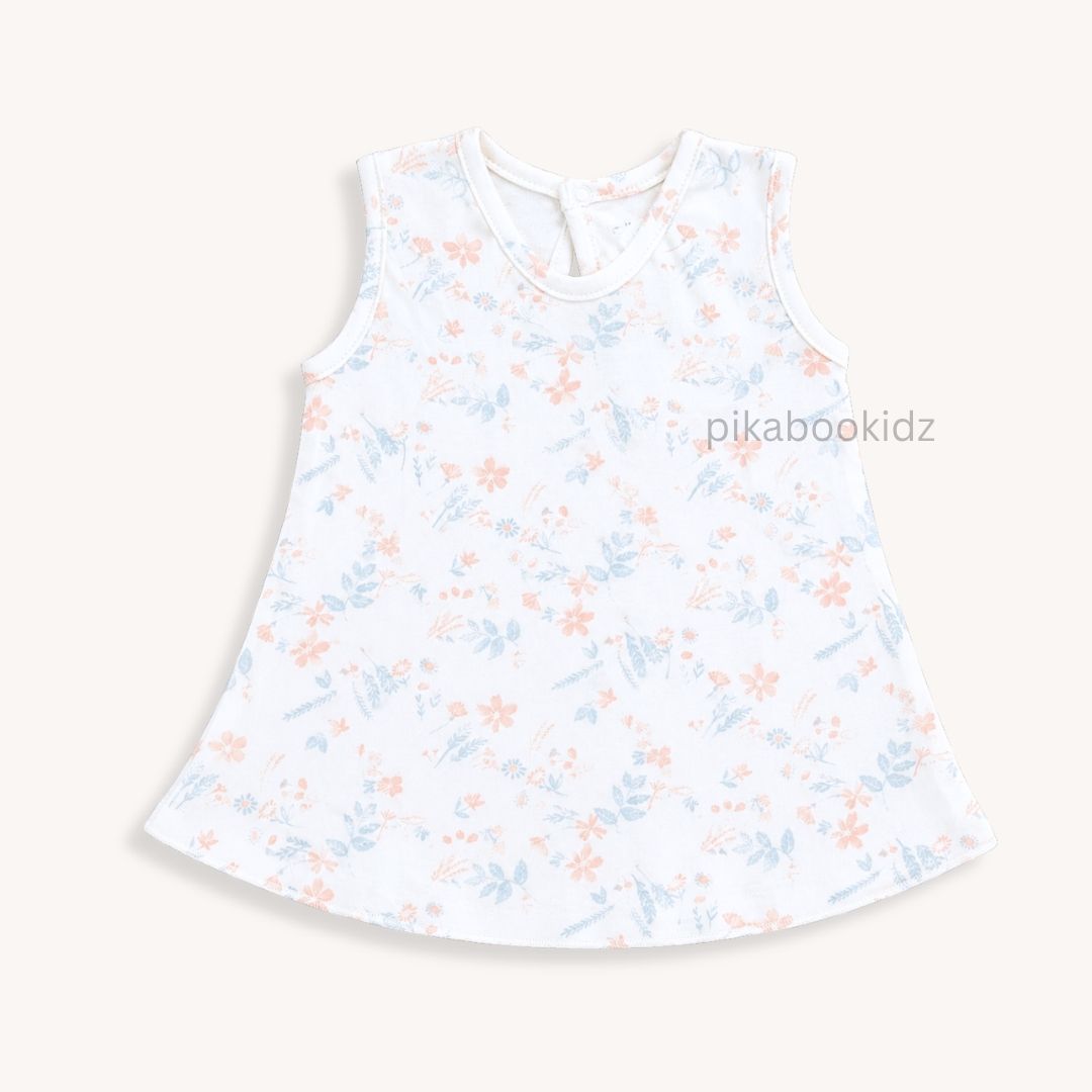 Cotton A-line frock 0-3M - Peach & Blue Flowers