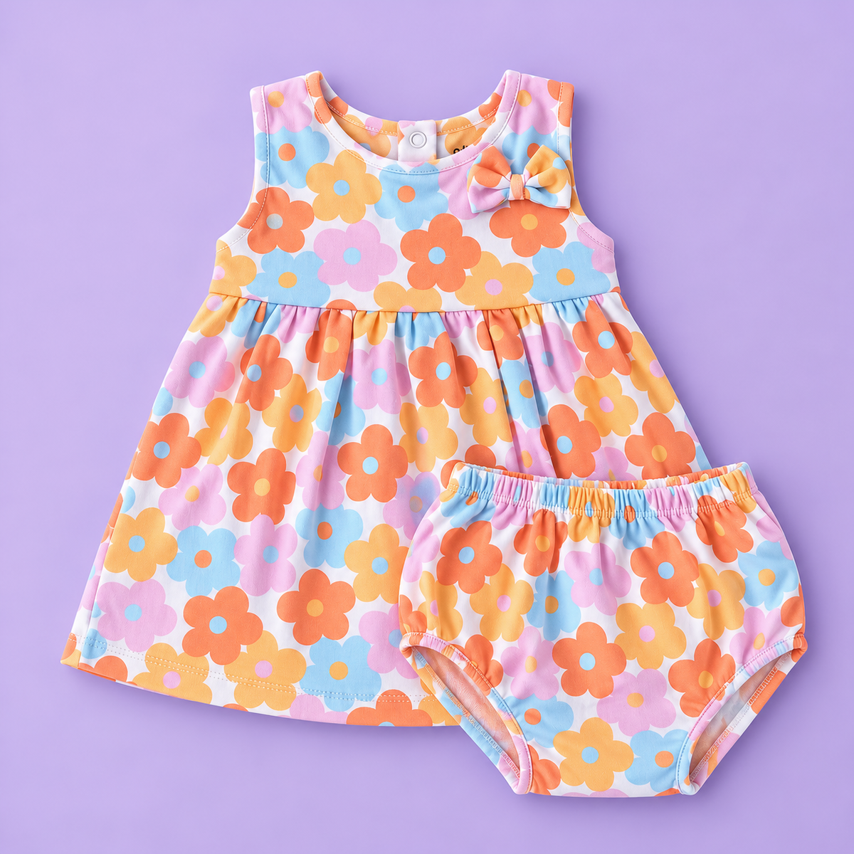 Bow Cotton frock with bloomers - Colorful flowers