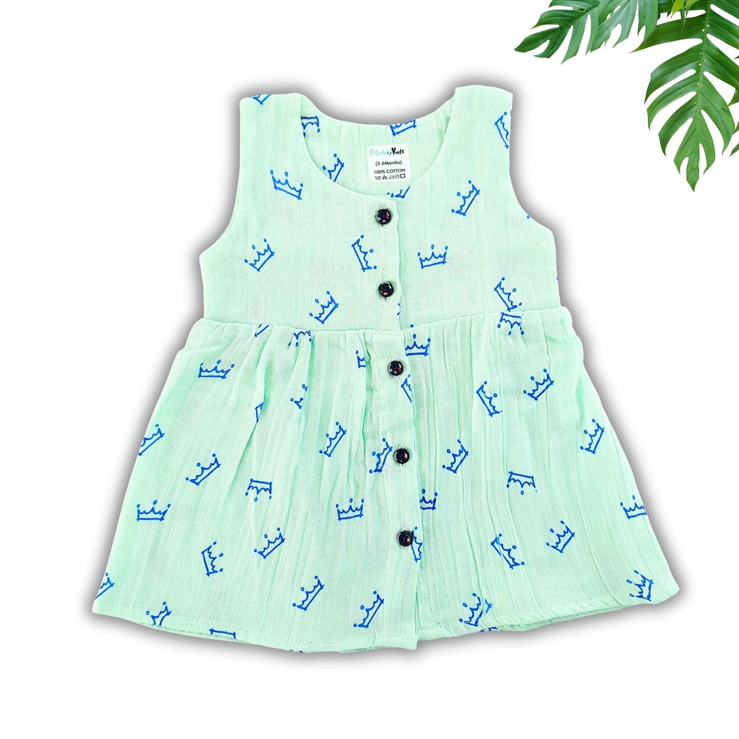 Muslin Button Sleeveless Frock - Aqua blue