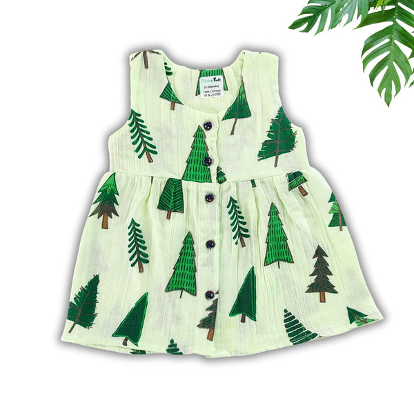 Muslin Button Sleeveless Frock - Green pines