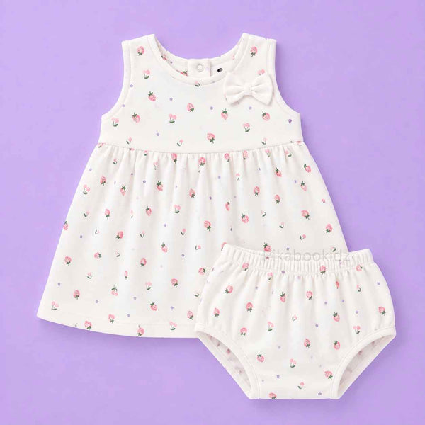 Bow Cotton frock with bloomers - strawberry