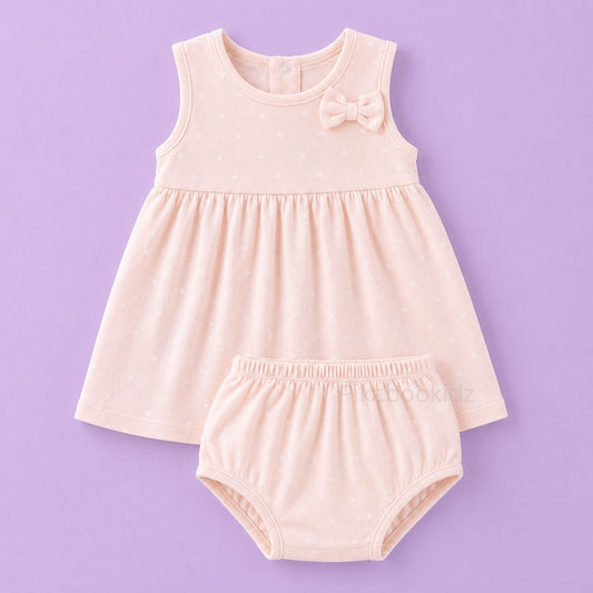 Bow Cotton frock with bloomers - Peach dots