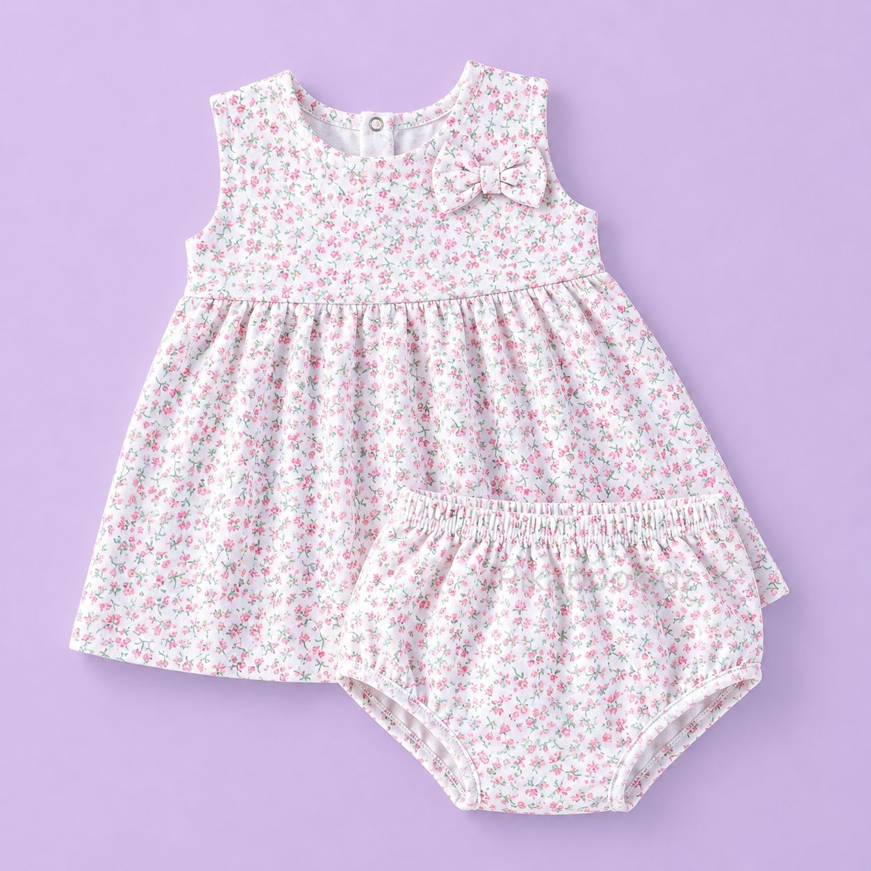 Bow Cotton frock with bloomers - Floral Sprinkles