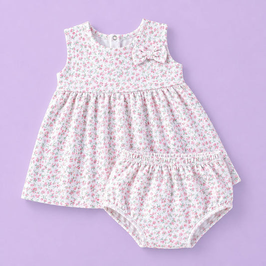 Bow Cotton frock with bloomers - Floral Sprinkles