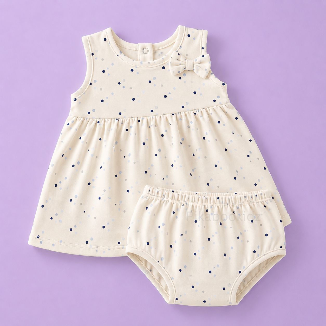 Bow Cotton frock with bloomers - Blue dots