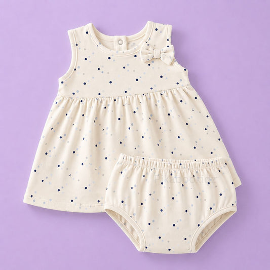 Bow Cotton frock with bloomers - Blue dots