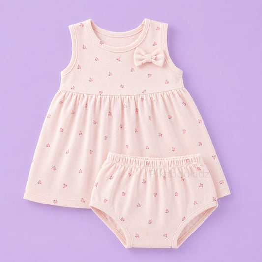Bow Cotton frock with bloomers - Peach fruits