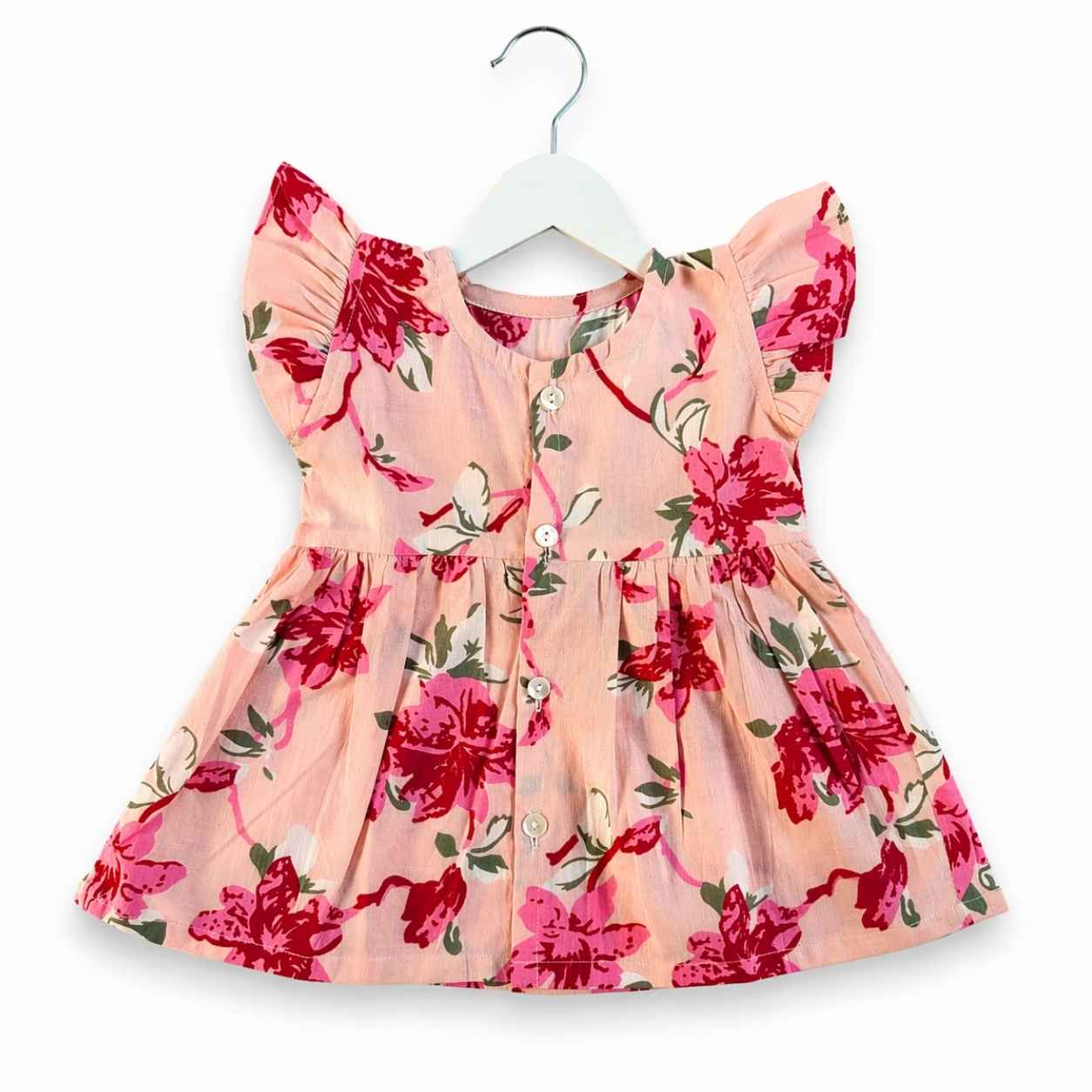 Cotton frill sleeve frock - Peach Floral Charm