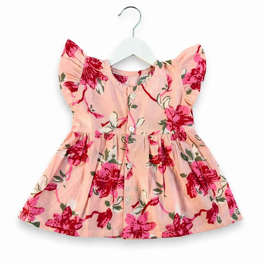Cotton frill sleeve frock - Peach Floral Charm
