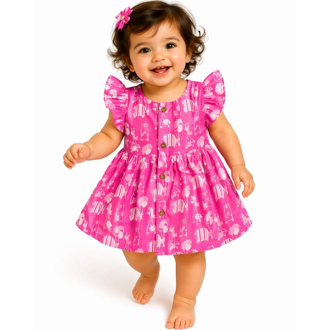 Cotton frill sleeve frock - Pink Safari
