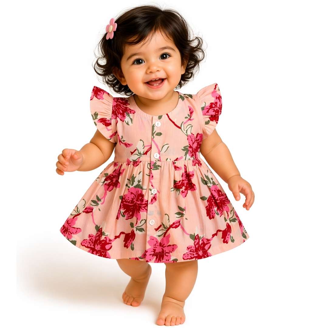 Cotton frill sleeve frock - Peach Floral Charm