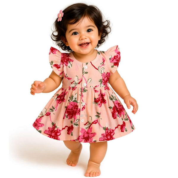 Cotton frill sleeve frock - Peach Floral Charm - alt view