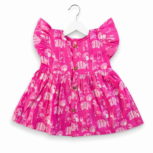 Cotton frill sleeve frock - Pink Safari