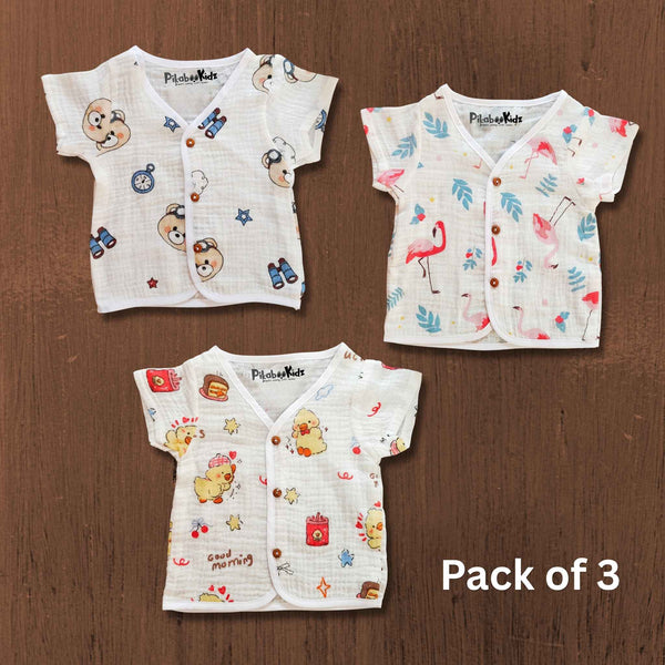 Muslin Half sleeve Button Jabla - Pack of 3 (Random)