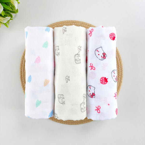 Combo of 3 Muslin Swaddles ( Elephant, Hearts, Kitty )