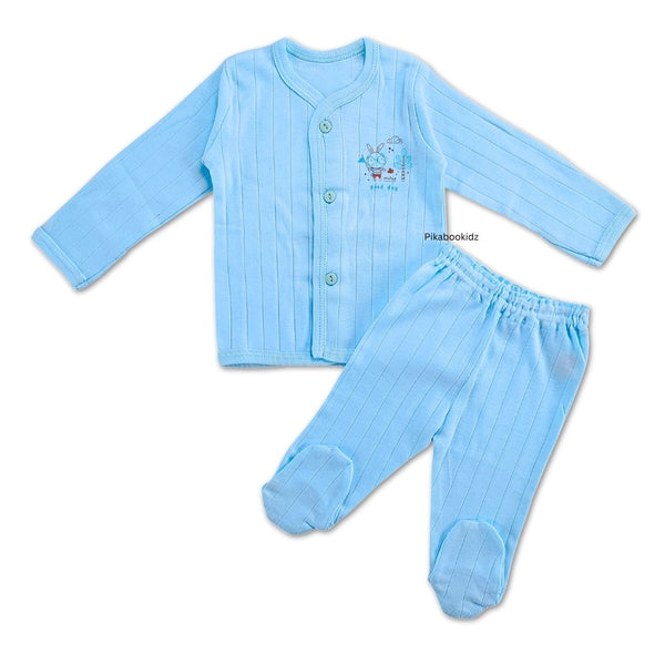 Full Sleeve Top with footed pant Night Suit 0-3M - Sky blue