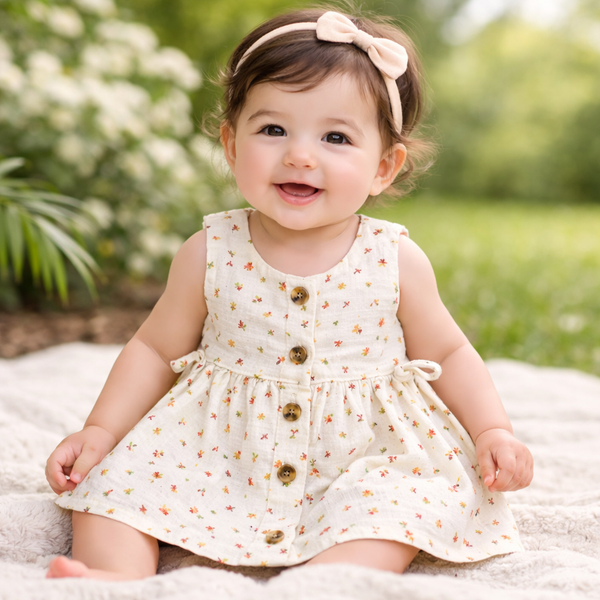 Muslin Button Frock with back tie - Maple leaf
