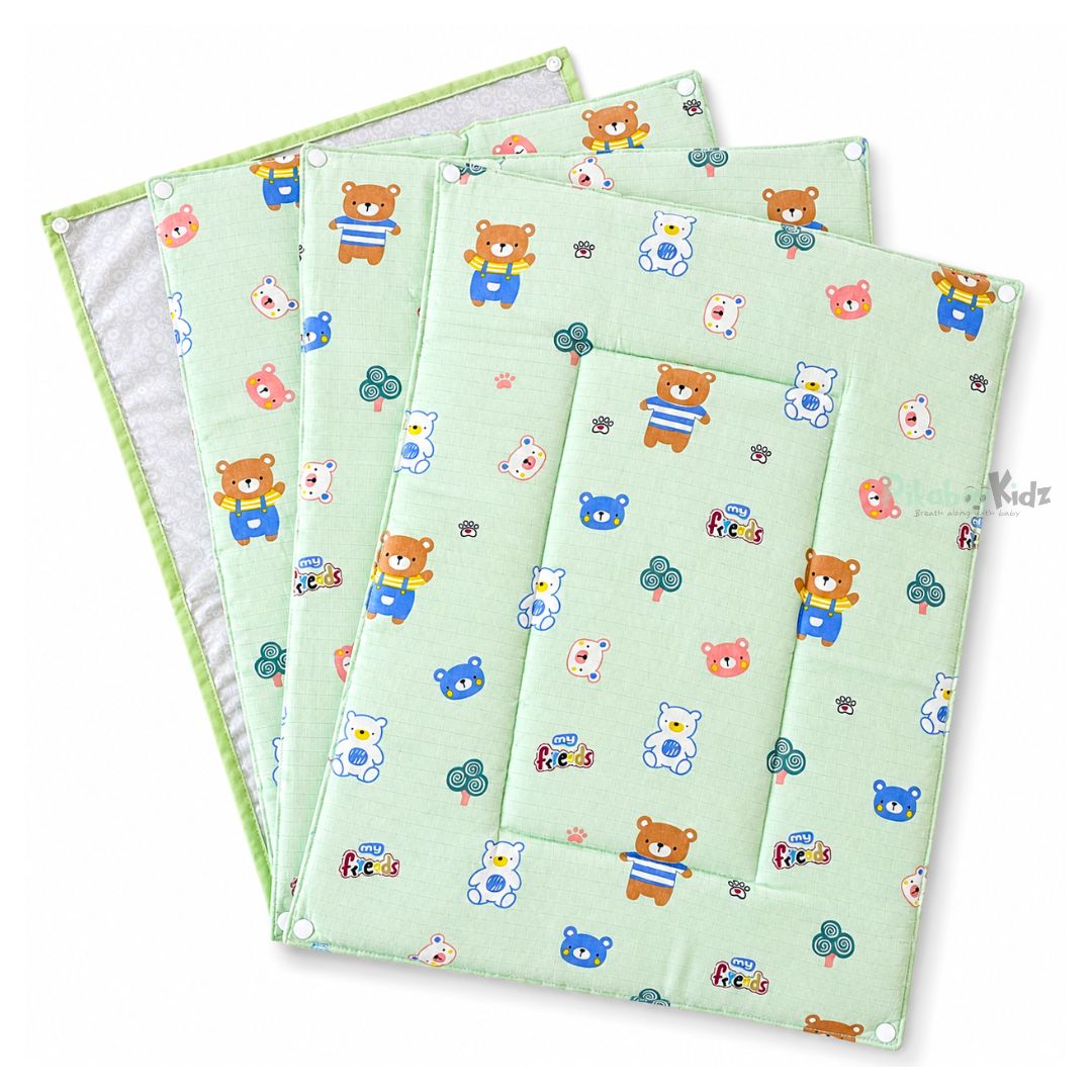 3 in 1 Reusable Muslin Diaper Mat - Green Teddy