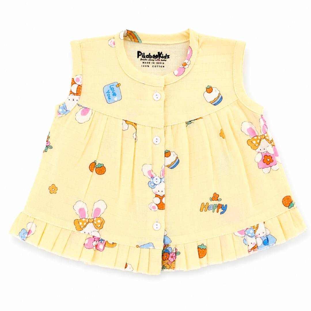 Muslin Button frock 0-6M - Yellow bunny