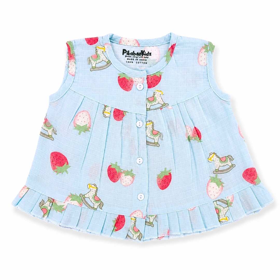 Muslin Button frock 0-6M - Strawberry blue