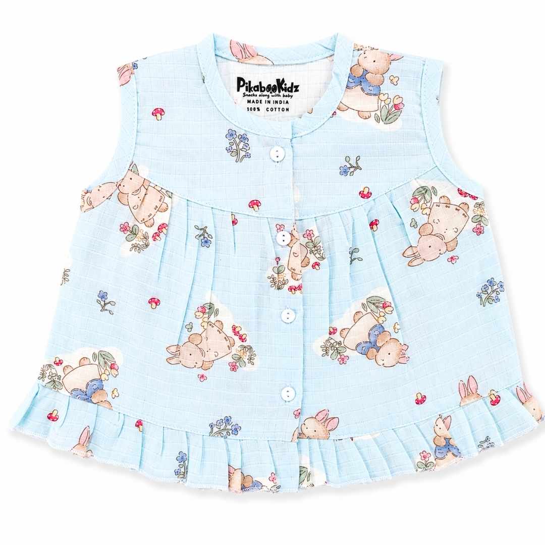 Muslin Button frock 0-6M - Bunny paradise Blue